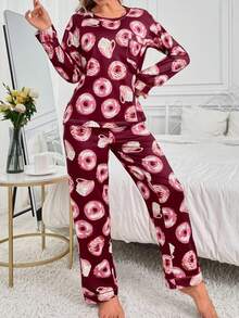Donut Print Round Neck Long Sleeve Pajama Set - Multicolor - View 5