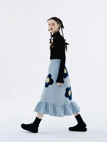 女士蕾絲半高領純色長袖t卹 - 黑色 - 查看 3