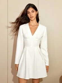 Women's Long Sleeve White Dress, Back Zipper, V-Neck, Ruffle Detail - White - View 7