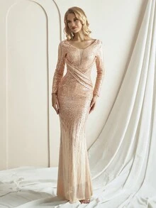 長袖金色亮片深v性感晚禮服