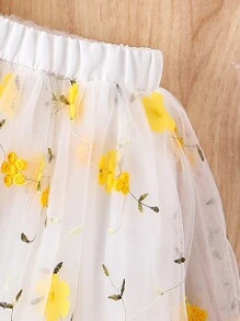 SHEIN Glamorique Kids Young Girl Stylish And Lovely Casual Vacation Style Sleeveless Top And Flower Mesh Skorts 2pcs Set, Spring/Fall - Yellow - View 4