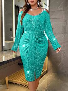 SHEIN Allurite 大尺碼褶皺露肩連衣裙 - 綠色 - 查看 5