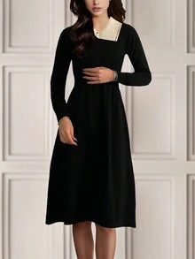 Của phụ nữ Giảm béo Khối màu Đầm Áo len - màu đen - Xem 3