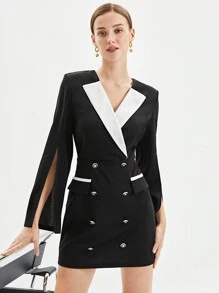 BizChic 對比色面板縫製開襟雙排釦裝飾洋裝 - 黑與白 - 查看 6