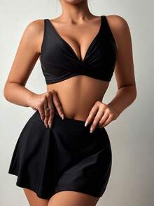 SHEIN Swim 女士纯色比基尼套装夏季海滩 - 黑色 - 查看 3