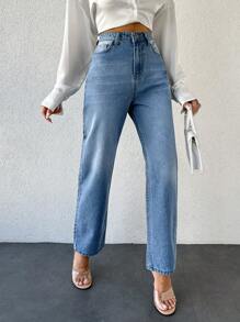 SHEIN PETITE Jeans Rectos De Cintura Alta Para Mujer - Lavado ligero - Ver 4