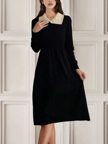 Của phụ nữ Giảm béo Khối màu Đầm Áo len - màu đen - Xem 4