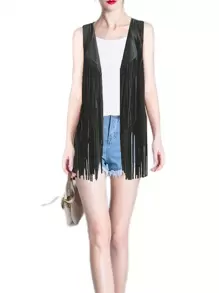 Tassel Faux Suede Open Front Vest Coat