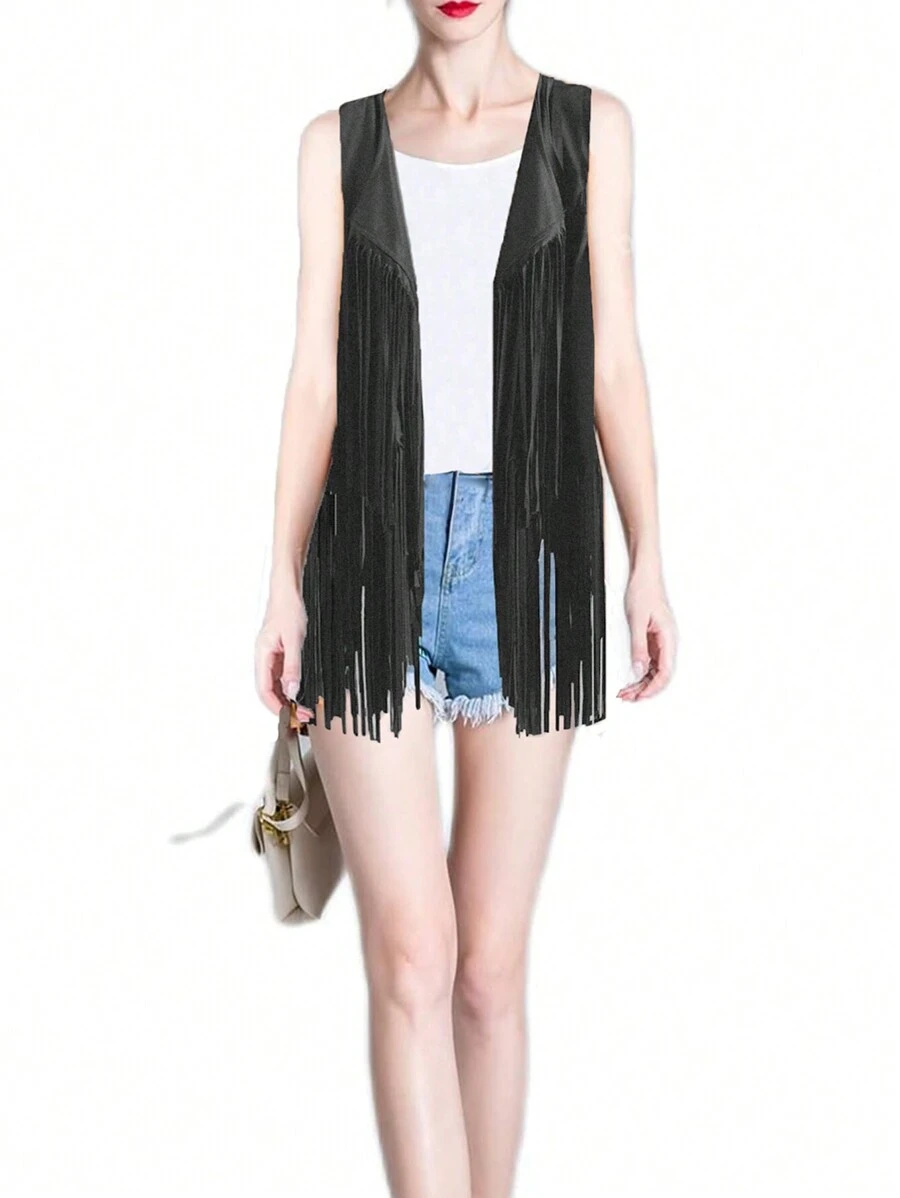 Tassel Faux Suede Open Front Vest Coat