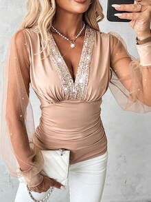 ChicMe Sequin Mesh Lantern Sleeve V-Neck Ruched Waist Casual Blouse - Khaki - View 4
