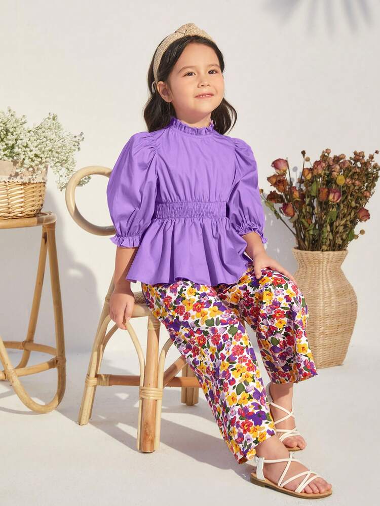 Toddler Girls' Leisure Fit Ruffled Blouse With Stand Collar And Puff Sleeves, Flower Print Wide Leg Pants Two Pieces Set