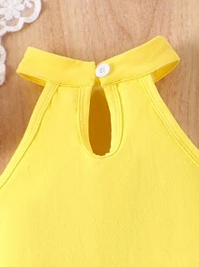 SHEIN Glamorique Kids Young Girl Stylish And Lovely Casual Vacation Style Sleeveless Top And Flower Mesh Skorts 2pcs Set, Spring/Fall - Yellow - View 7