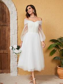 French Style Off-Shoulder Long Sleeve Mesh Wedding Dress - White - View 4