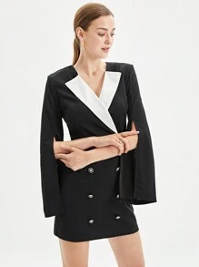 BizChic 對比色面板縫製開襟雙排釦裝飾洋裝 - 黑與白 - 查看 2