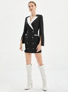 BizChic 對比色面板縫製開襟雙排釦裝飾洋裝 - 黑與白 - 查看 7