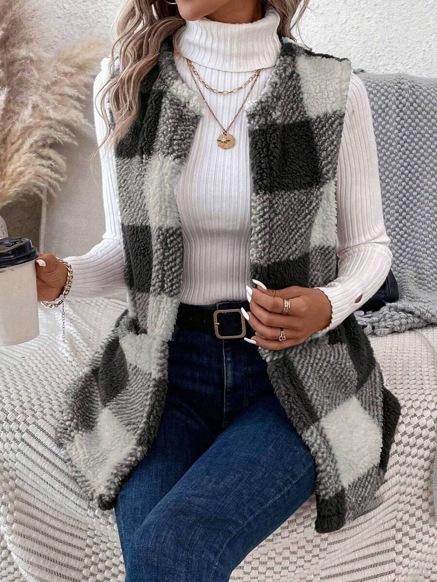 SHEIN LUNE Buffalo Plaid Pattern Teddy Vest Coat In Fall/Winter - Black - View 1