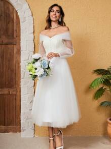 French Style Off-Shoulder Long Sleeve Mesh Wedding Dress - White - View 3