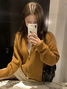 Zip-Front Long Sleeve Cardigan - Brown - View 3