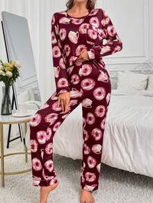 Donut Print Round Neck Long Sleeve Pajama Set - Multicolor - View 6