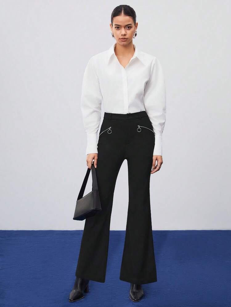 Zipper Pocket Wide Leg Pants With Front Flares