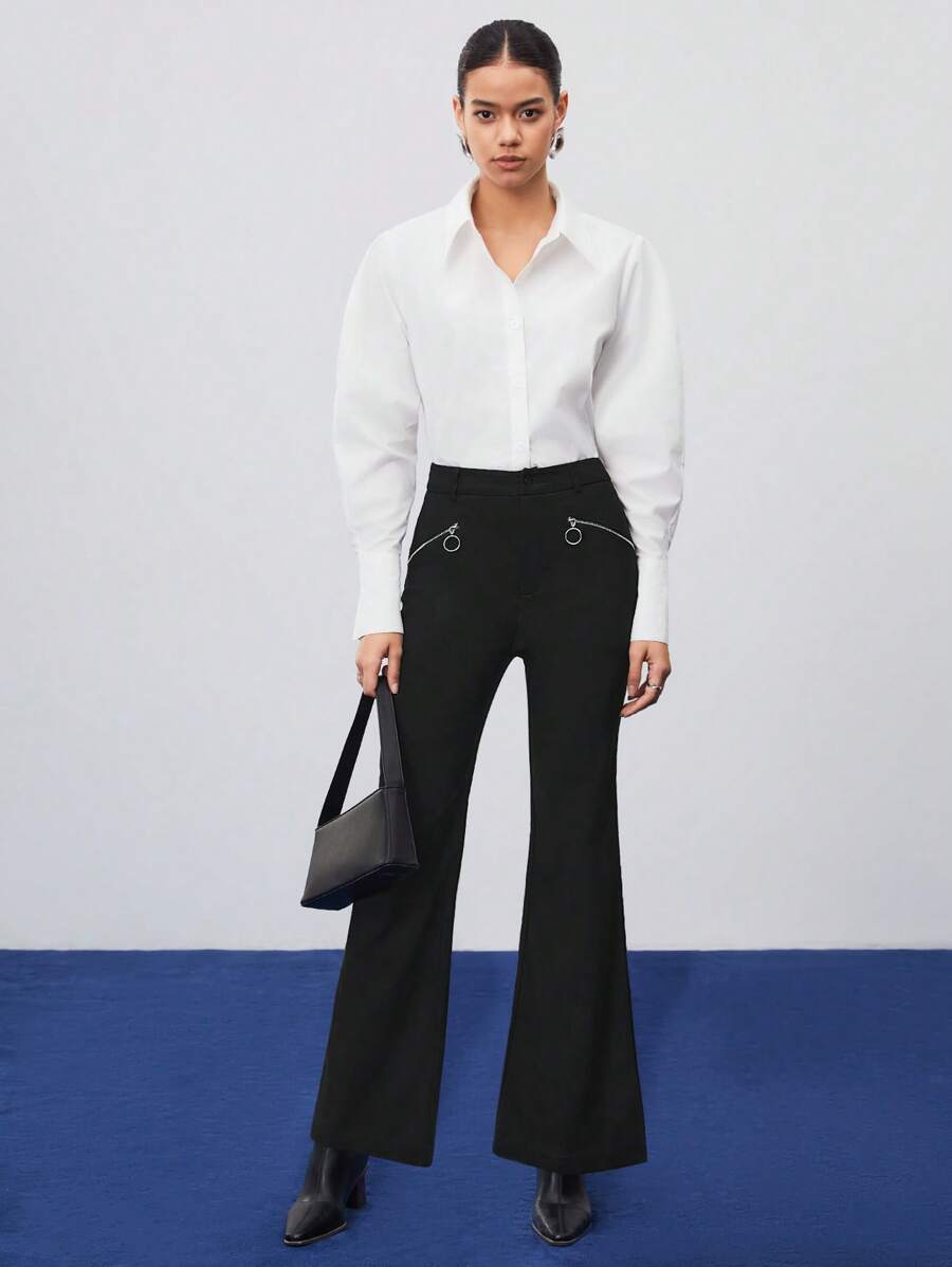 BizChic Pantalones Anchos De Pierna Ancha Con Bolsillo Con Cremallera Y Pliegues Delanteros - Negro - Ver 1