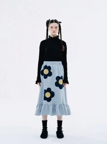 女士蕾絲半高領純色長袖t卹 - 黑色 - 查看 1