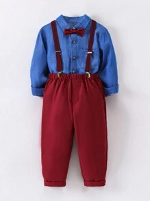 SHEIN Young Boys Fashionable Casual Academy Style Elegant Gentleman Shirt & Suspenders Pants 2pcs/Set - Multicolor - View 1