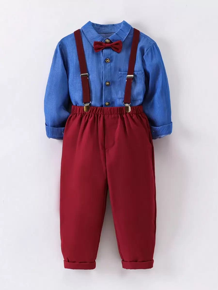 SHEIN Young Boys Fashionable Casual Academy Style Elegant Gentleman Shirt & Suspenders Pants 2pcs/Set - Multicolor - View 1
