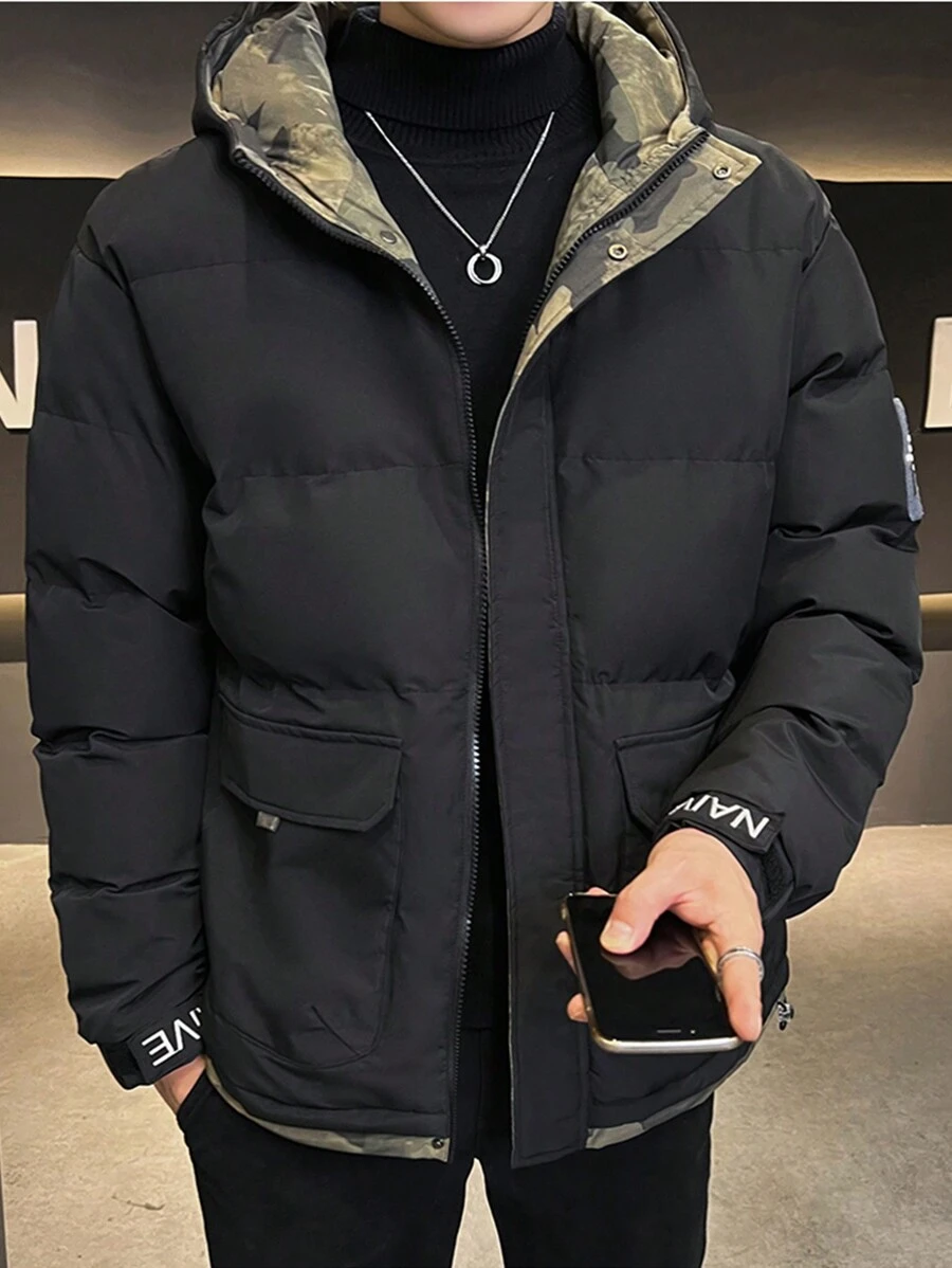 Men's Camouflage Patchwork Slogan Print Hooded Padded Coat - Black - View 1