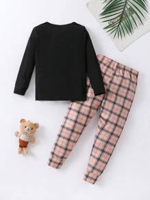 2 cái/bộ Chàng trai trẻ Đơn giản Gấu & Lá thư In Tay áo dài Áo Và quần kẻ sọc Vừa Khít Trang phục mặc nhà - màu đen - Xem 2