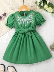 SHEIN Little Girls' Embroidered Puff Sleeve Dress