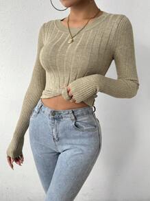 SHEIN Essnce Của phụ nữ Sọc Tay áo dài Áo len - Lạc đà - Xem 1