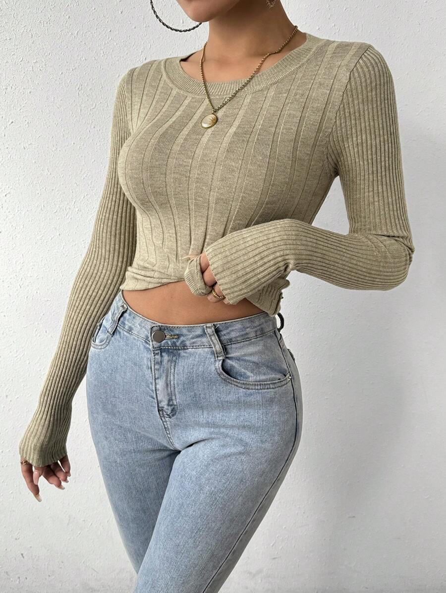 SHEIN Essnce Của phụ nữ Sọc Tay áo dài Áo len - Lạc đà - Xem 1