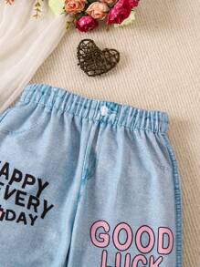SHEIN Conjunto de regata de cor sólida e calça jeans com estampa de desenho animado para meninas com gola alta