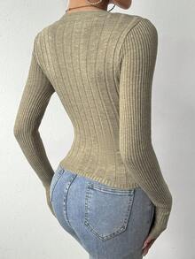 SHEIN Essnce Của phụ nữ Sọc Tay áo dài Áo len - Lạc đà - Xem 2