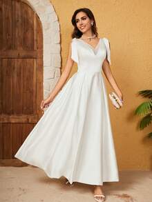 法式緞面蝴蝶結婚紗 - 白色 - 查看 3