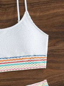 Swim Vcay Summer Beach Color Block Bikini Set - White - View 6