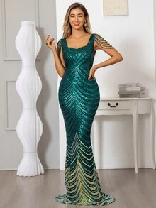 Sexy Shoulder Beaded Green Sequin Mermaid Evening Dress