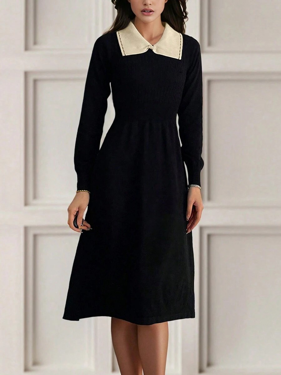 Của phụ nữ Giảm béo Khối màu Đầm Áo len - màu đen - Xem 1