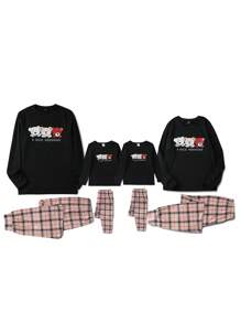 2 cái/bộ Chàng trai trẻ Đơn giản Gấu & Lá thư In Tay áo dài Áo Và quần kẻ sọc Vừa Khít Trang phục mặc nhà - màu đen - Xem 3