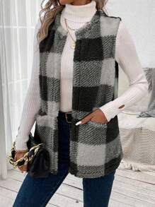 SHEIN LUNE Buffalo Plaid Pattern Teddy Vest Coat In Fall/Winter - Black - View 4