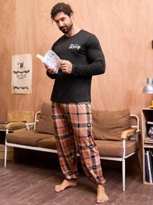 Men'S Letter Printed Long Sleeve T-Shirt And Plaid Pants Homewear Set - Black - View 1