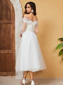French Style Off-Shoulder Long Sleeve Mesh Wedding Dress - White - View 2
