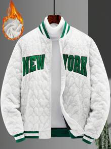 Aesthetic Post 寬鬆版型男士字母刺繡條紋飾邊拉鍊加厚夾棉外套 - 白色 - 查看 1