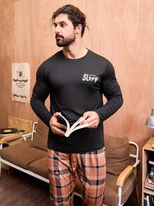 Men'S Letter Printed Long Sleeve T-Shirt And Plaid Pants Homewear Set - Black - View 3
