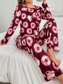 Donut Print Round Neck Long Sleeve Pajama Set - Multicolor - View 1