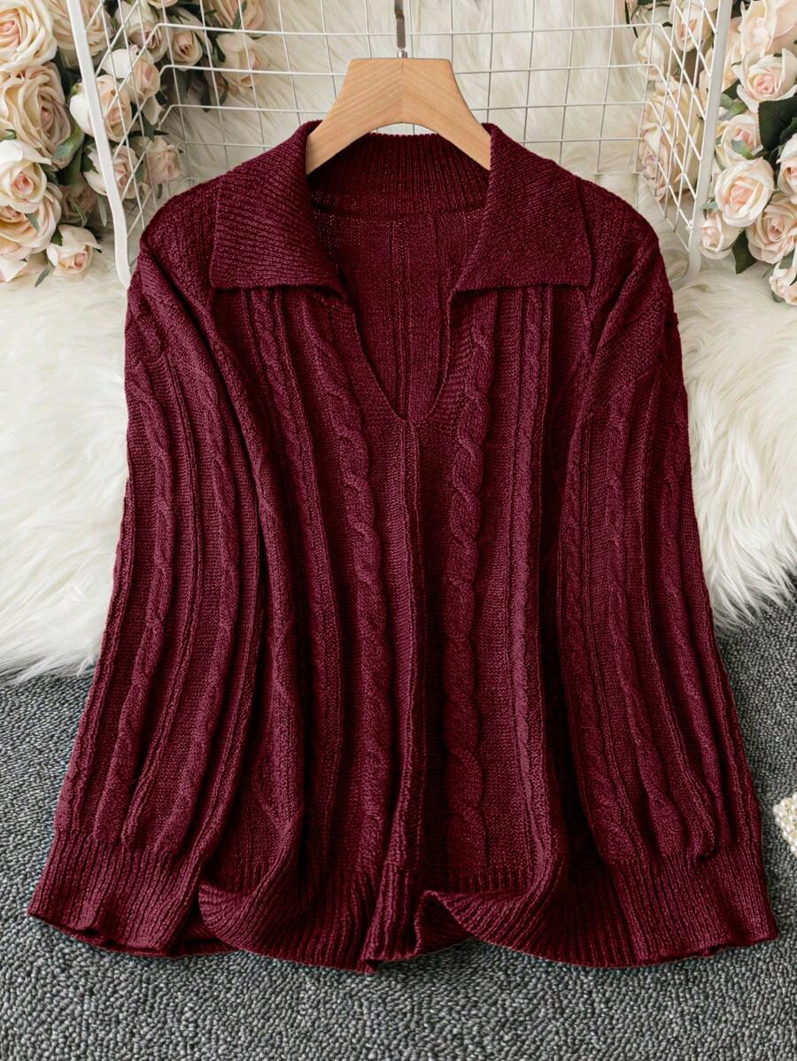 SHEIN LUNE 大码女式翻领套头毛衣针织衫秋冬款 - 酒紅色 - 查看 1