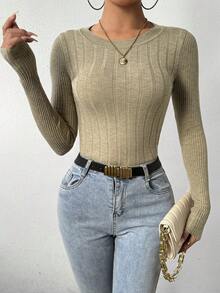 SHEIN Essnce Của phụ nữ Sọc Tay áo dài Áo len - Lạc đà - Xem 4