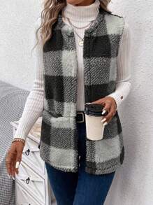 SHEIN LUNE Buffalo Plaid Pattern Teddy Vest Coat In Fall/Winter - Black - View 5