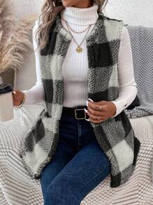 SHEIN LUNE Buffalo Plaid Pattern Teddy Vest Coat In Fall/Winter - Black - View 3